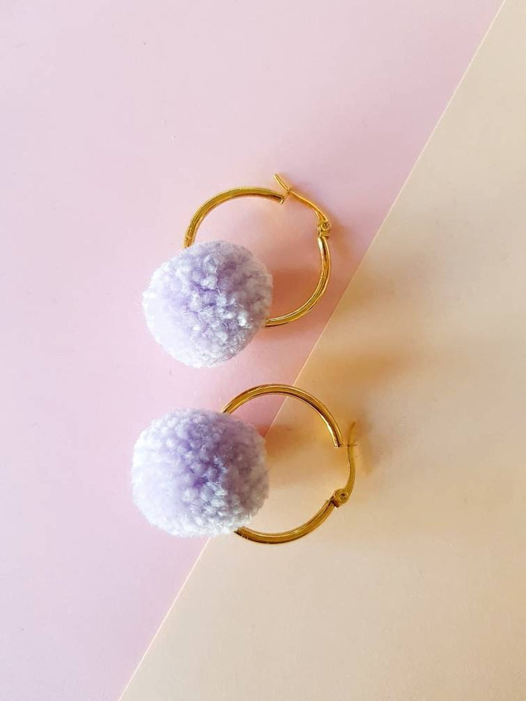 Lilac Pom Pom Hoop Earrings