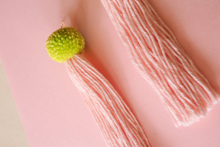 Green & Pink Pom Pom Tassel Earrings