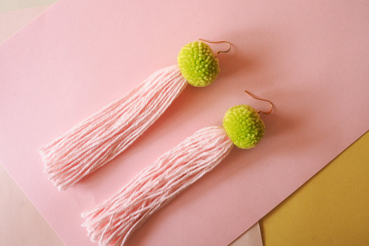 Green & Pink Pom Pom Tassel Earrings