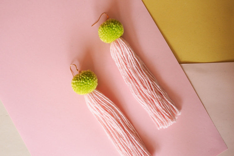 Green & Pink Pom Pom Tassel Earrings