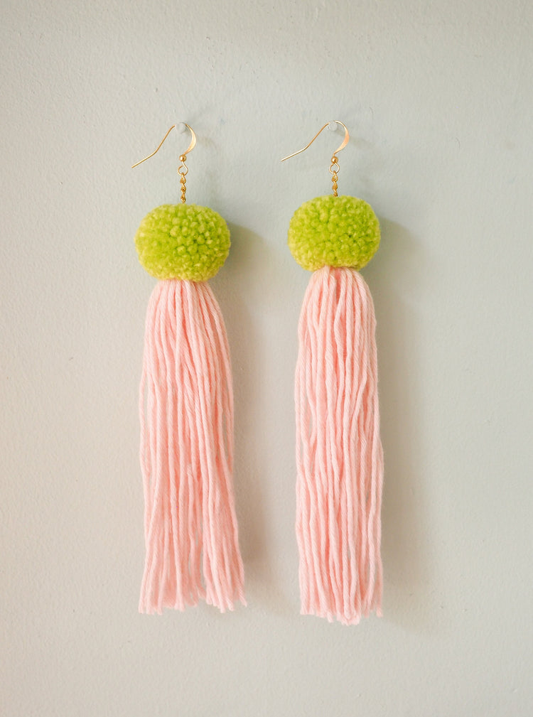 Green & Pink Pom Pom Tassel Earrings