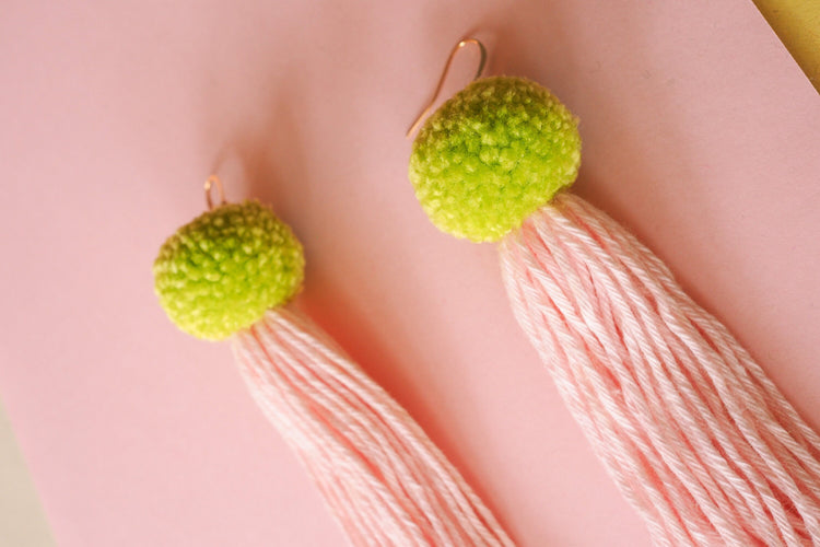 Green & Pink Pom Pom Tassel Earrings