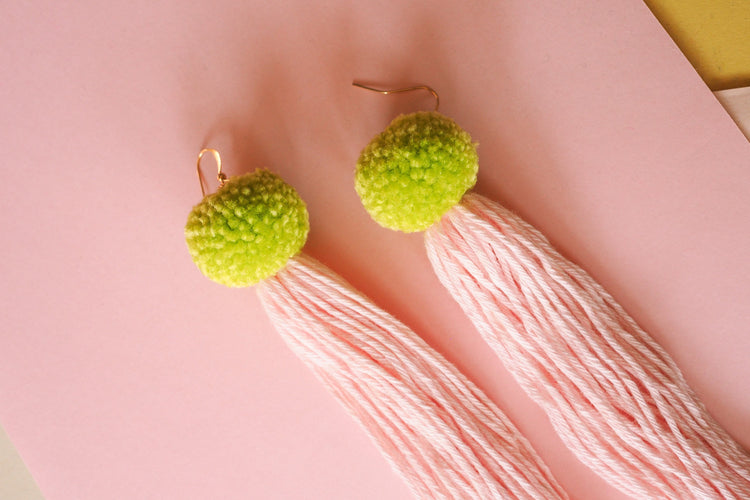 Green & Pink Pom Pom Tassel Earrings