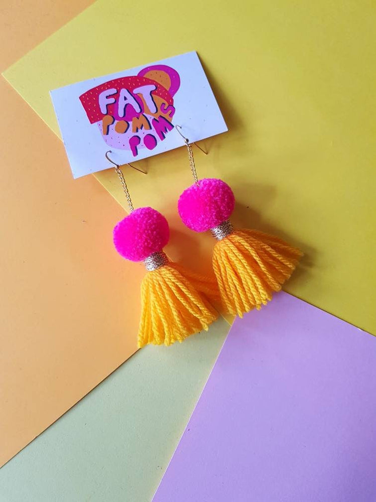 Pink & Sunflower Yellow Pom Pom Tassel Earrings