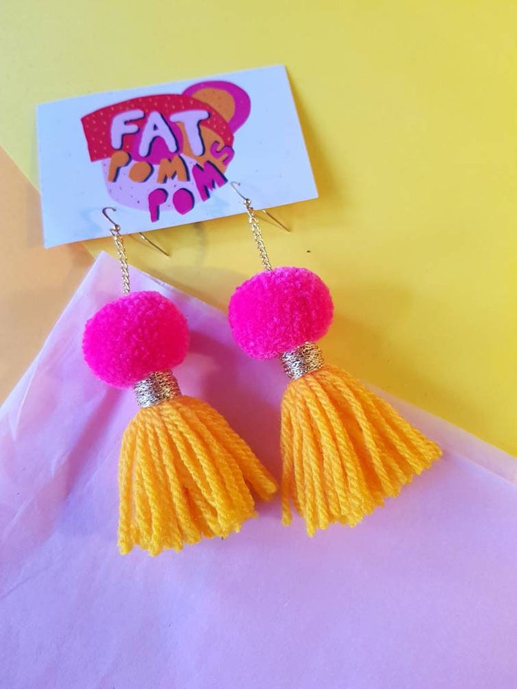 Pink & Sunflower Yellow Pom Pom Tassel Earrings