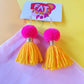 Pink & Sunflower Yellow Pom Pom Tassel Earrings