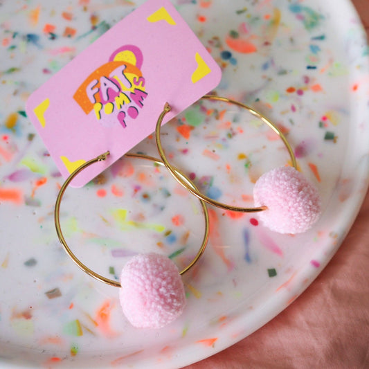 Pastel Pink Pom Pom Hoops Earring