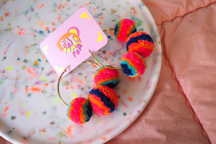 Multicolour Pom Pom Hoops Earrings