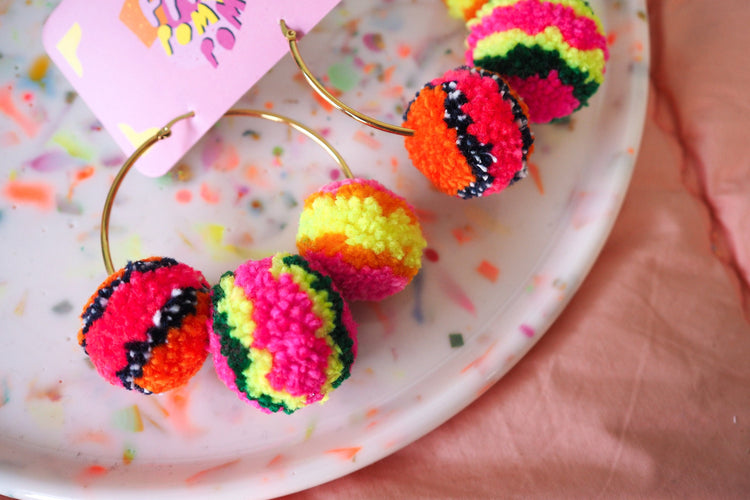 Multicolour Pom Pom Hoop Earrings