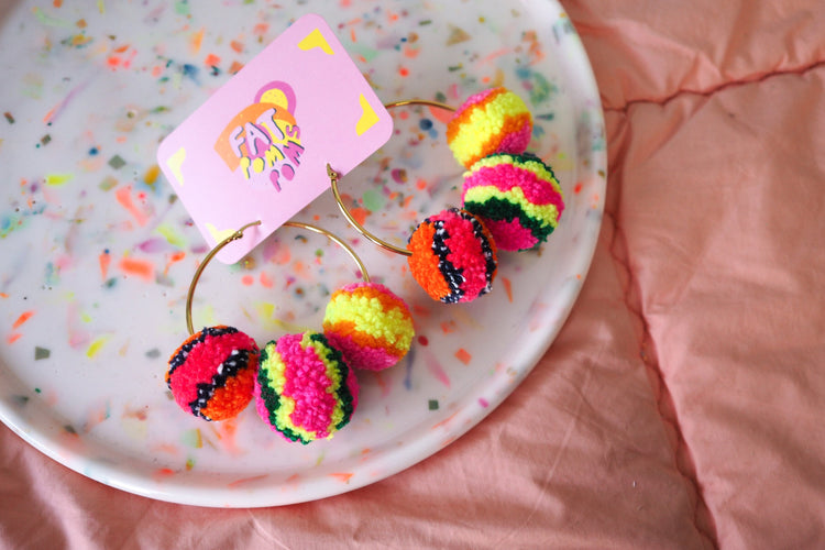 Multicolour Pom Pom Hoop Earrings