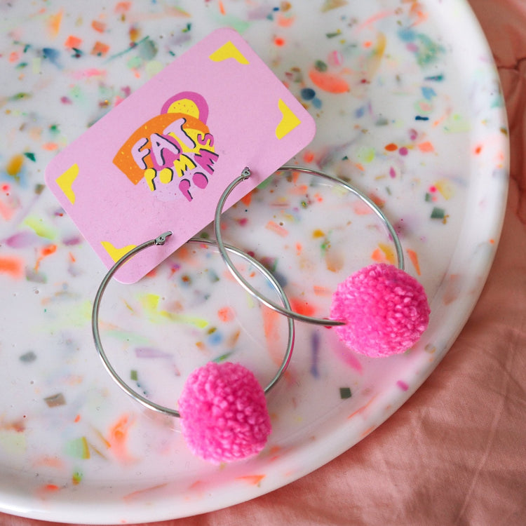 Candy Pink Pom Pom Hoop Earrings