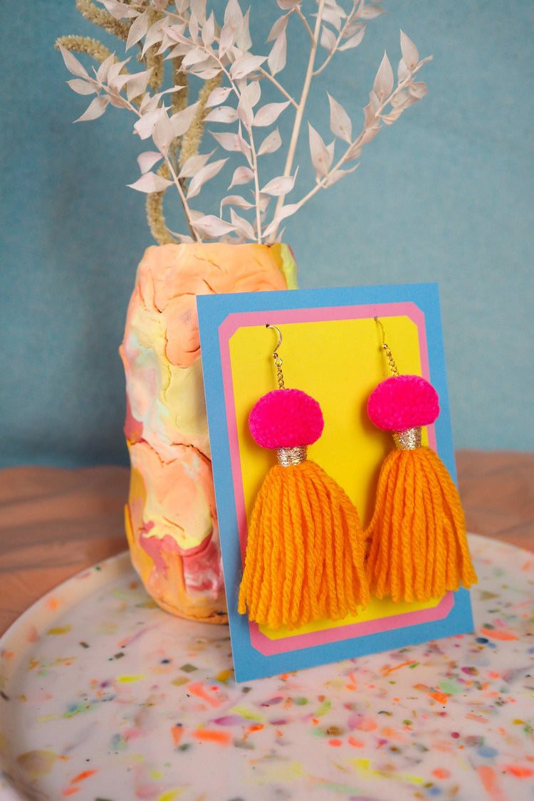 Pink & Sunflower Yellow Pom Pom Tassel Earrings
