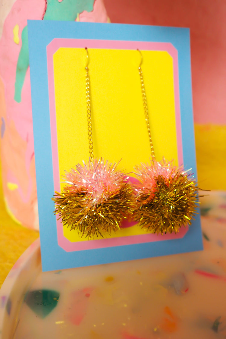 Mini Coral & Gold Tinsel Earrings